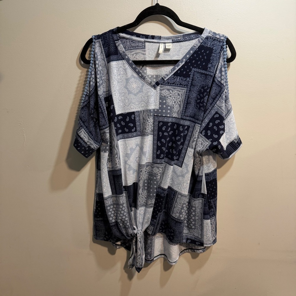 Cato Est 1946 Blue Bandana Patchwork Cold Shoulder Tie Front Top Women 14/16W